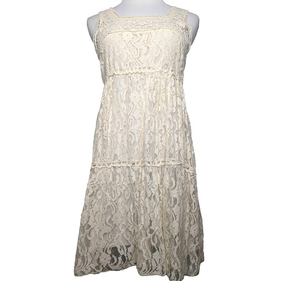 VTG Y2K Ivory Crochet Lace Boho Fairy Cottage Square Neck Empire Waist Dress MD - Picture 1 of 9